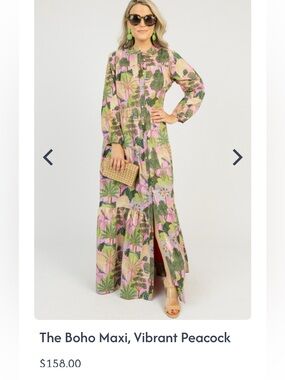 Boho Maxi Dress in Vibrant Peacock Pink Green Tiered Long Balloon Sleeve Medium